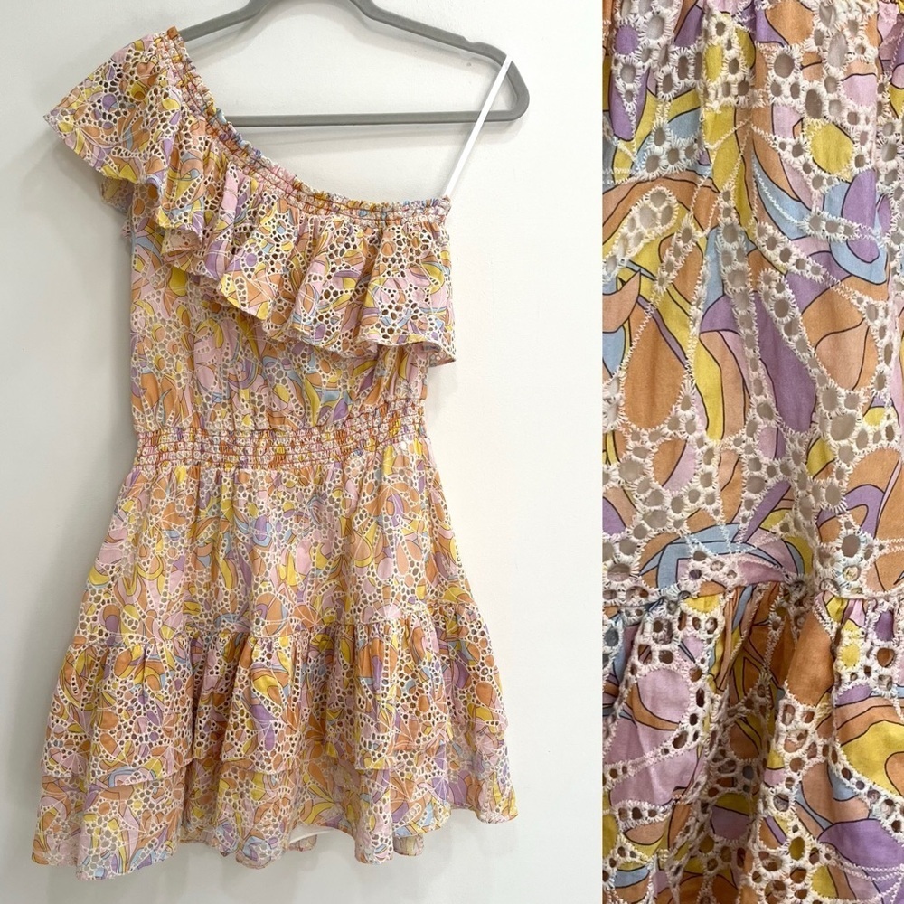 Willa Story One Shoulder Eyelet Pastel Color Retro Print Ruffle Mini Dress M